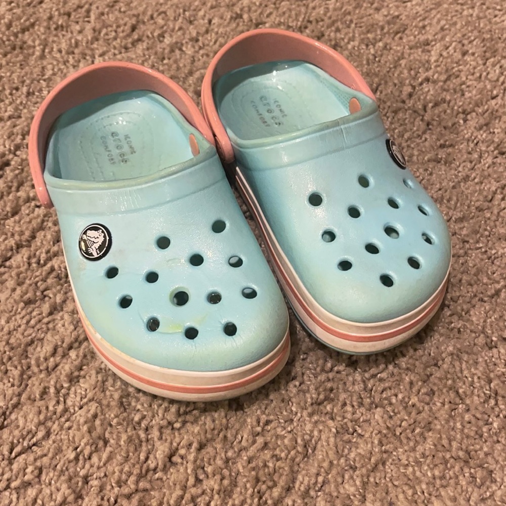 Crocs size 10 aqua with pink and white stripe